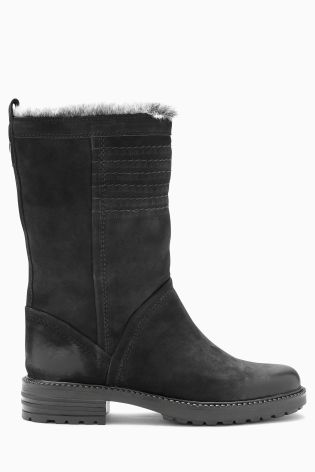 Black Leather Stitch Slouch Boots